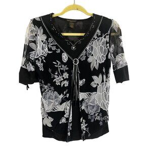 Y2K Floral Mesh Top Black PS Rhinestone Skater Grunge Festival Fairy Whimsical